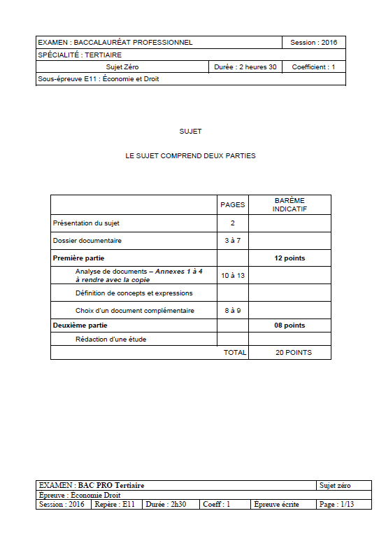 Sujet Zero - Economie Droit - Bac PRO Tertiaire 2016