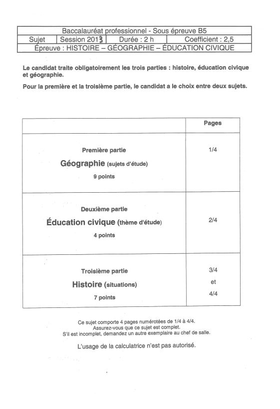 Sujet Histoire Géo Education Civique - Bac PRO 2013 Pondichéry