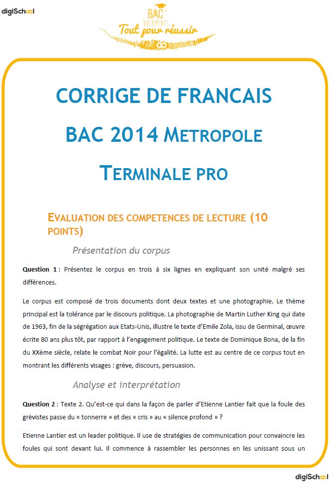 Correction de Français du Baccalauréat Professionnel 2014