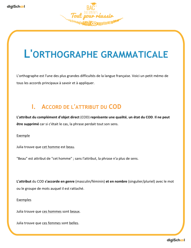 L'orthographe grammaticale étude de la langue - cours francais