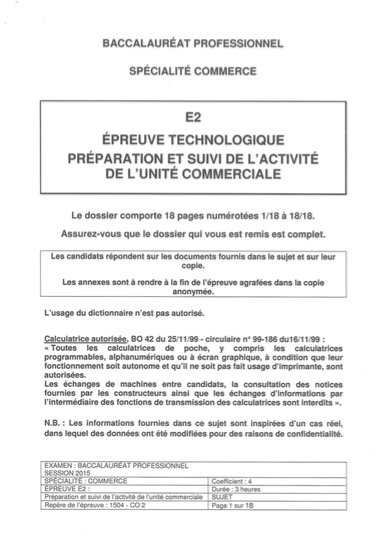 Sujet Préparation et suivi de l'activité de l'unité commerciale Bac Pro Pndichéry 2015