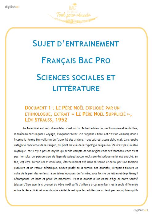 Sujet d'entrainement : Sciences sociales et Littérature - Français Bac PRO