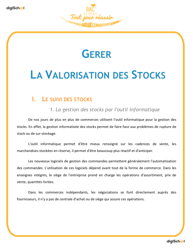 Gérer: la valorisation des stocks - Bac Pro commerce - Terminale