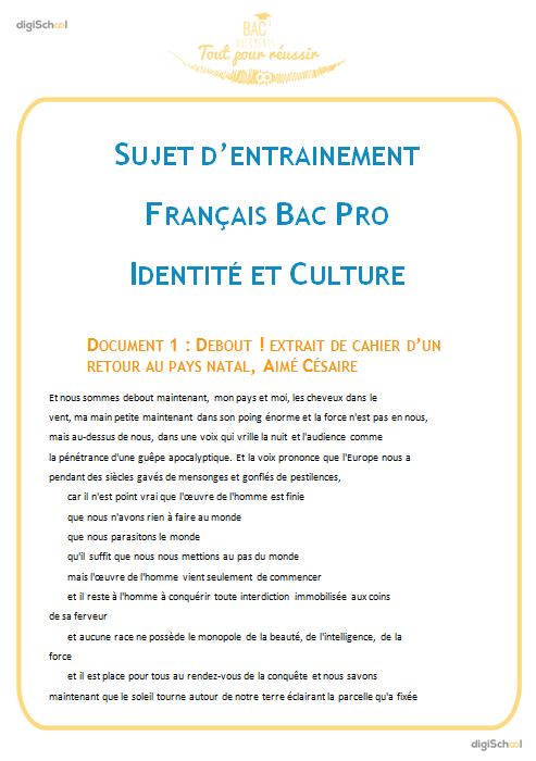 Sujet d'entrainement : Identité et Culture - Français Bac PRO