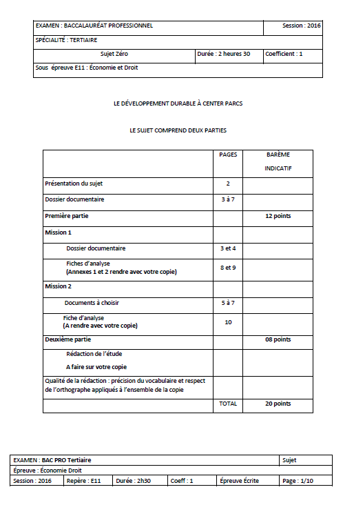 Sujet Zero N°2 - Economie Droit - Bac PRO Tertiaire