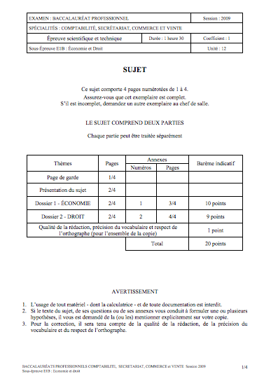 Sujet Eco Droit Bac Pro 2009