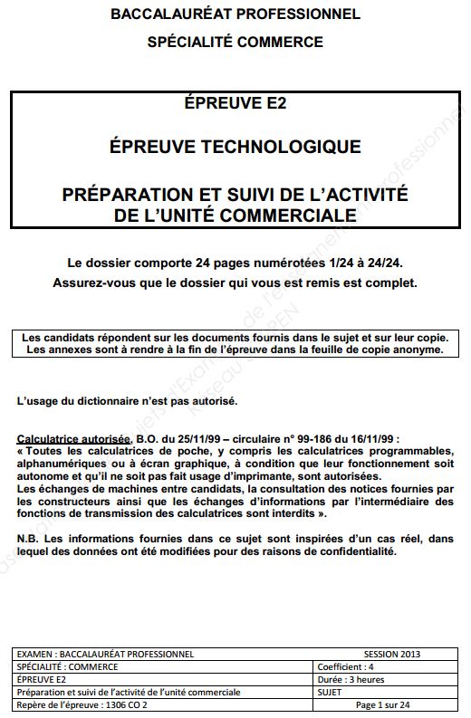 Sujet Préparation et suivi de l'activité de l'unité commerciale Bac Pro 2013