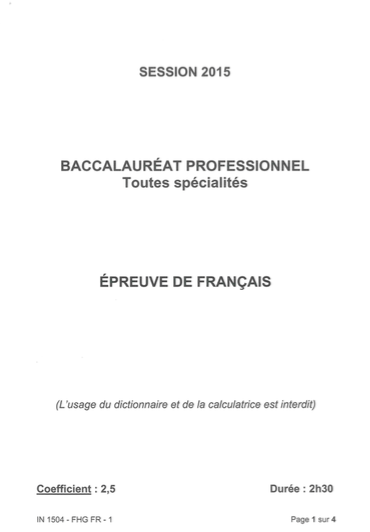 Sujet bac Pro 2015 de français de Pondichéry 