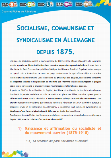 Socialisme, communisme et syndicalisme en Allemagne depuis 1875 - Cours Histoire Bac pro