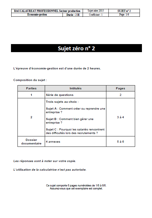 Sujet Zero N°2 - Economie Gestion - Bac PRO