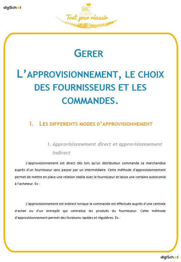 L'approvisionnement, le choix des fournisseurs et les commandes