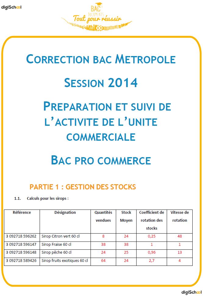 Correction Préparation et suivi de l'activité de l'unité commerciale Bac Pro 2014