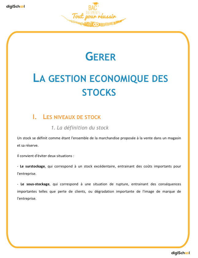 Gérer: la gestion économique des stocks - Bac Pro commerce - terminale