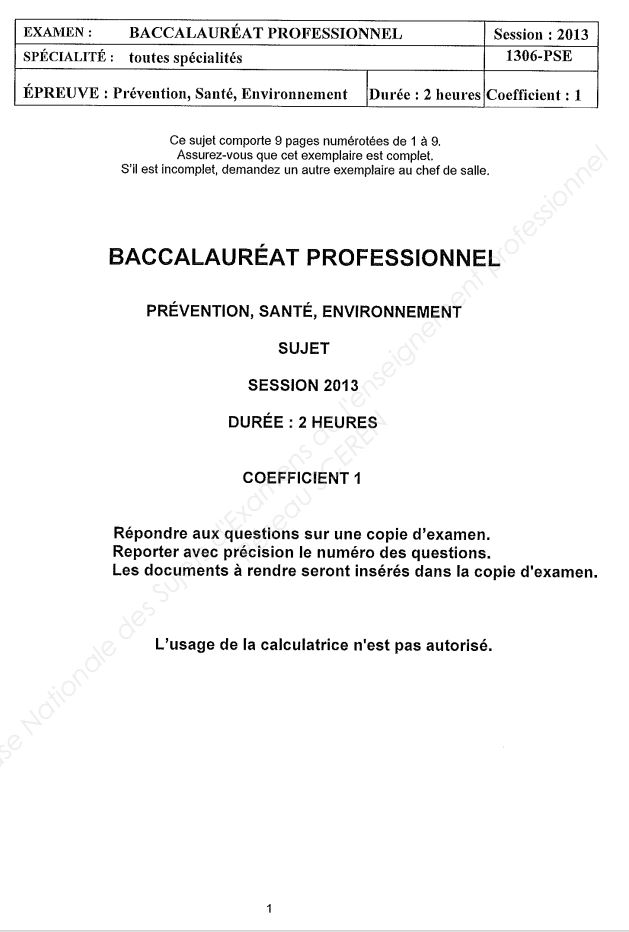 Sujet Prévention, Santé, Environnement Baccalauréat Professionnel 2013