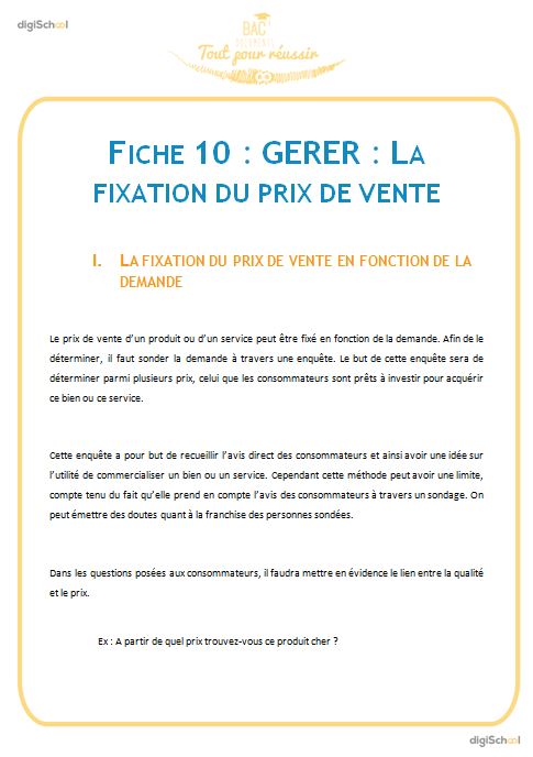 Gérer : Fiche 10 : La fixation du prix de vente - Bac Pro Commerce - Terminale