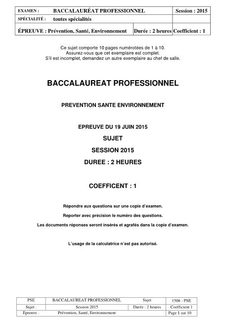 Sujet Prévention Santé et Environnement Bac PRO 2015- Métropole