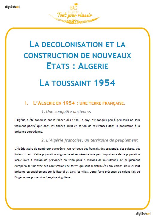 La Toussaint 1954 - Histoire Géographie - Terminale Pro